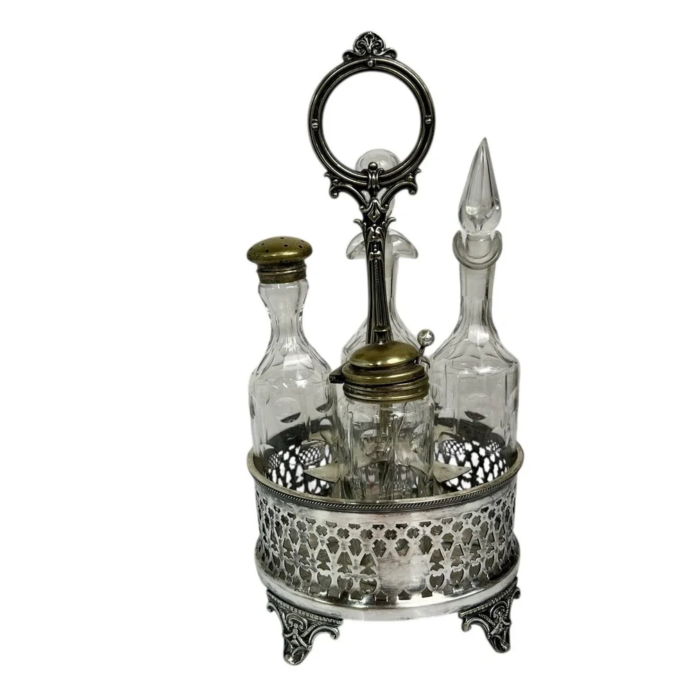 Victorian Cruet Set Silverplate Oil Vinegar‎ Mustard w Spoon Antique 1800's